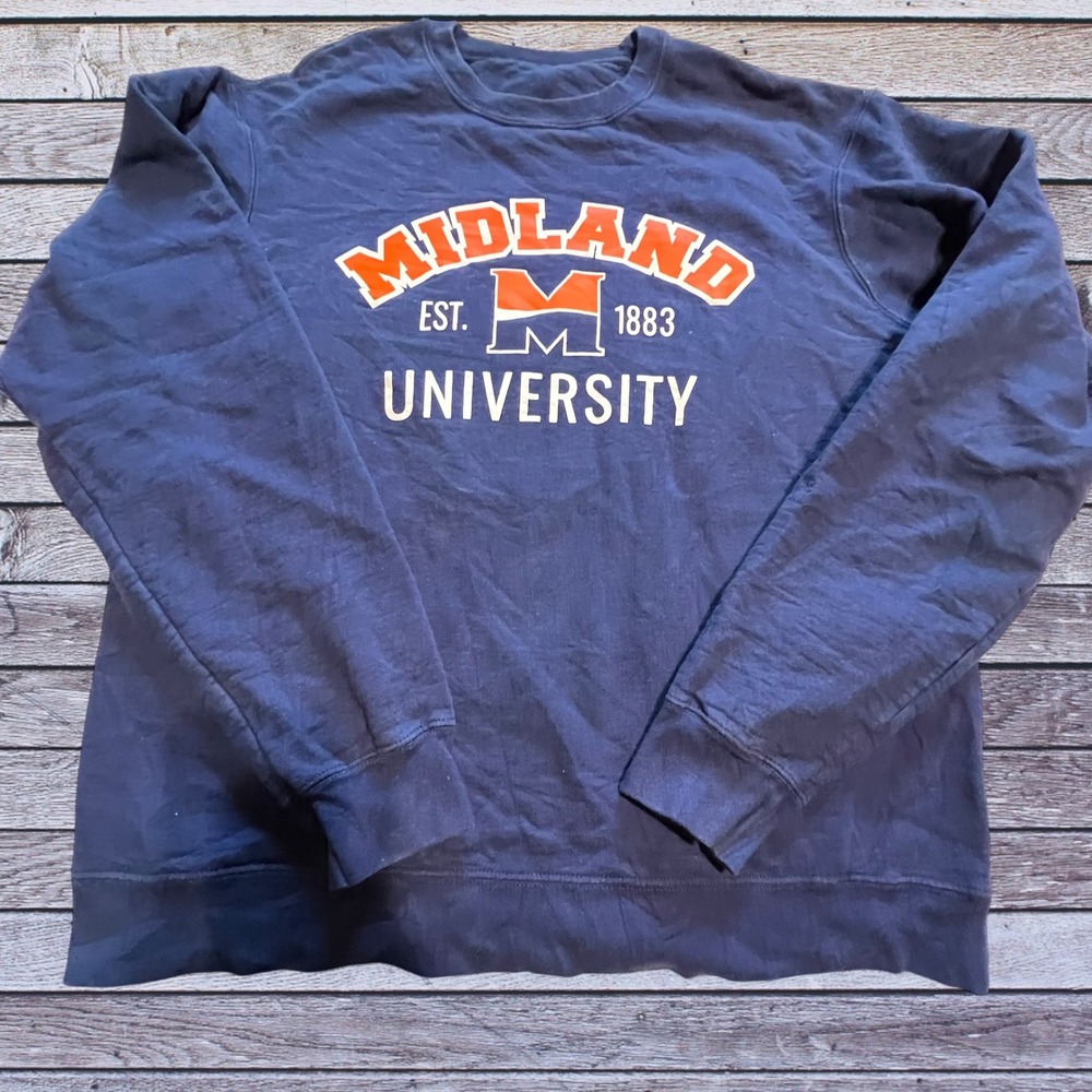 Midland University L Sweatshirt Men Navy‎ Blue Excellent Graphic Est 1883 Crew